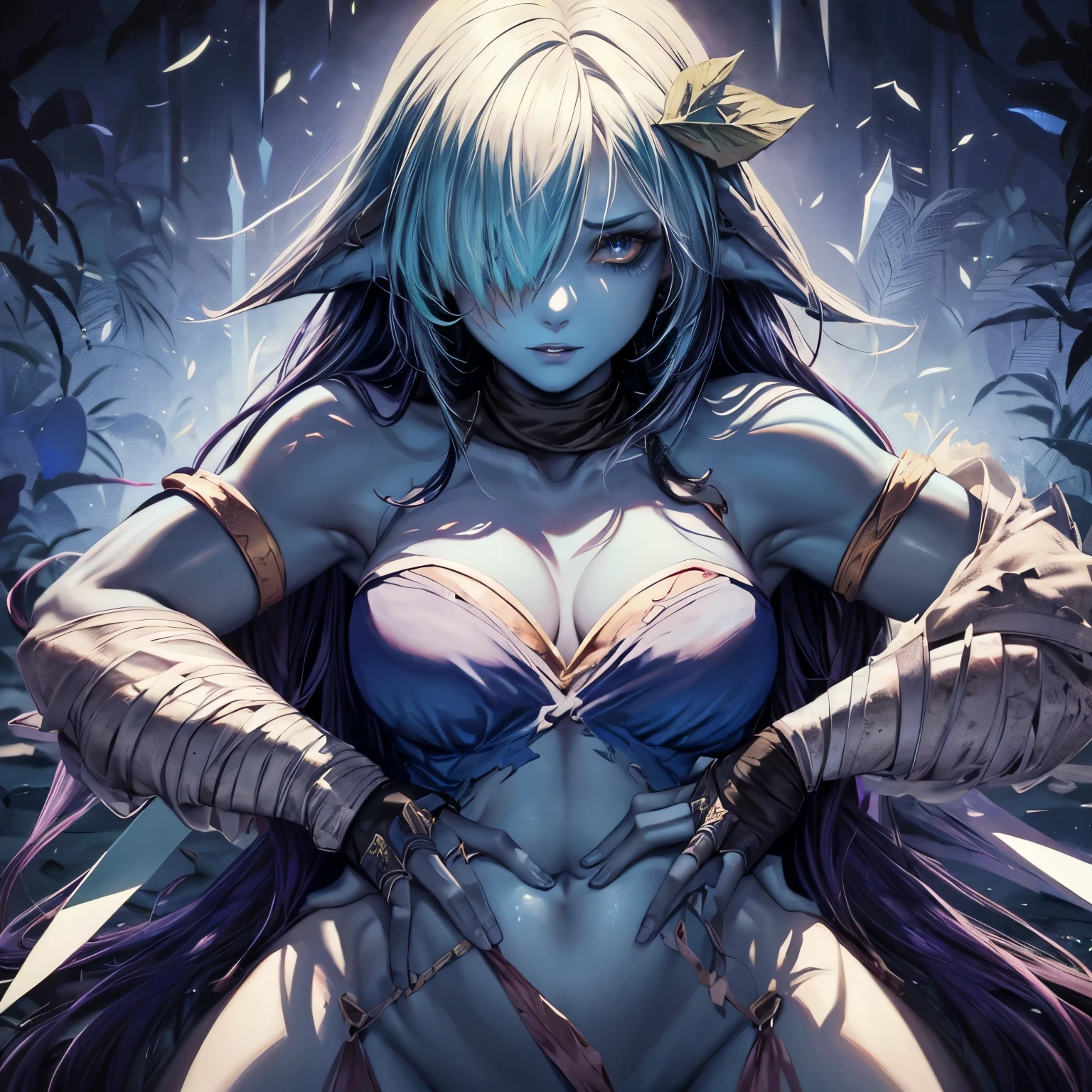 ((D&D)), ((goleaf woman)), ((Four hands)), ((blue skin)), (torn clothes made of hide), (daggers weapons), (long hair), ((very beautiful)), (bandages), ((age 27)), (hair over eyes), (hair over eyes), (hair over one eye)