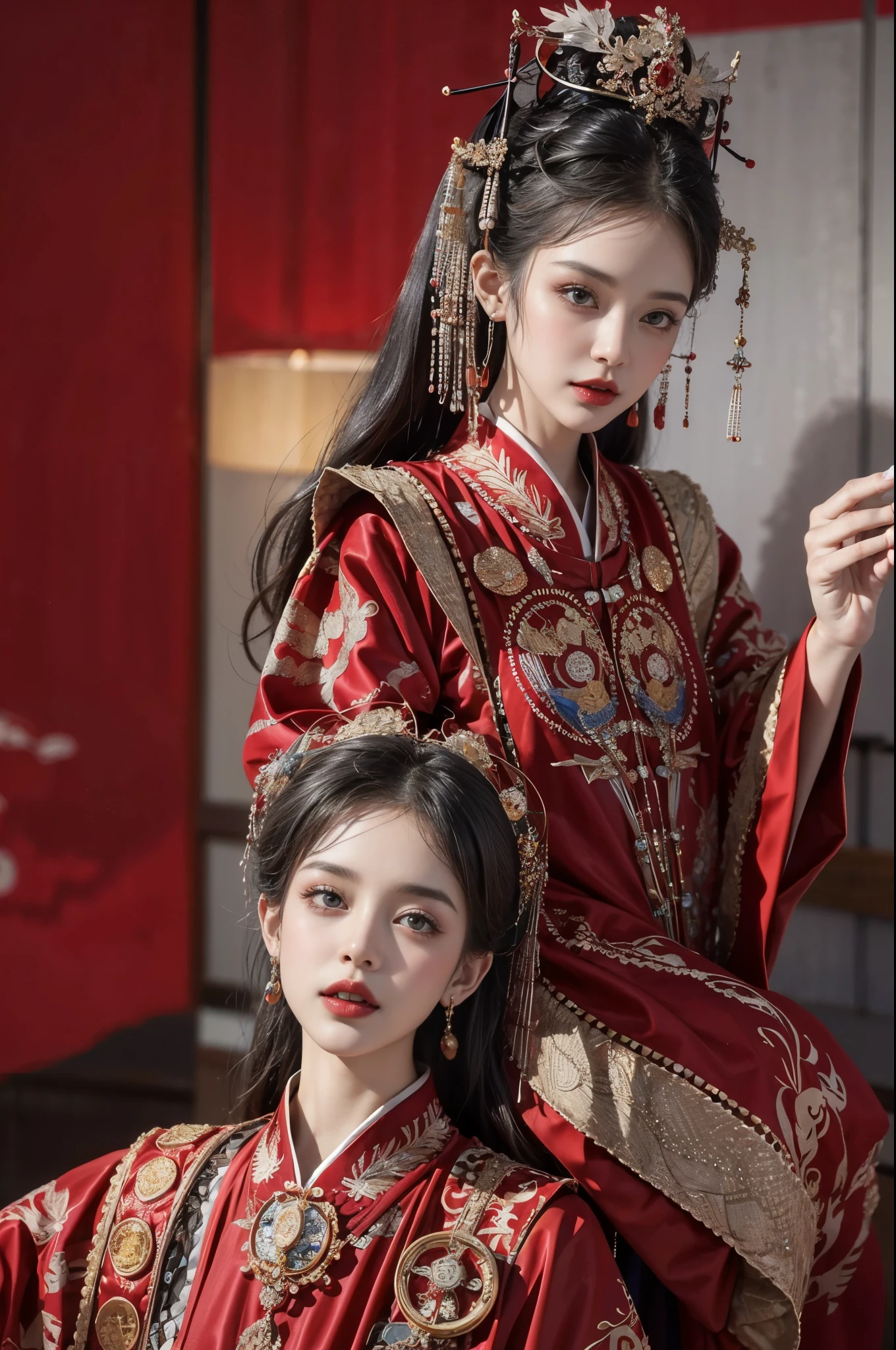 ((Highest quality)), ((masterpiece)), (detailed), (Perfect Face)、The woman is Ogiso Setsuna, with light brown, medium-long hair and is wearing a gorgeous red long-slit wedding Chinese dress with gold embroidery and trim.