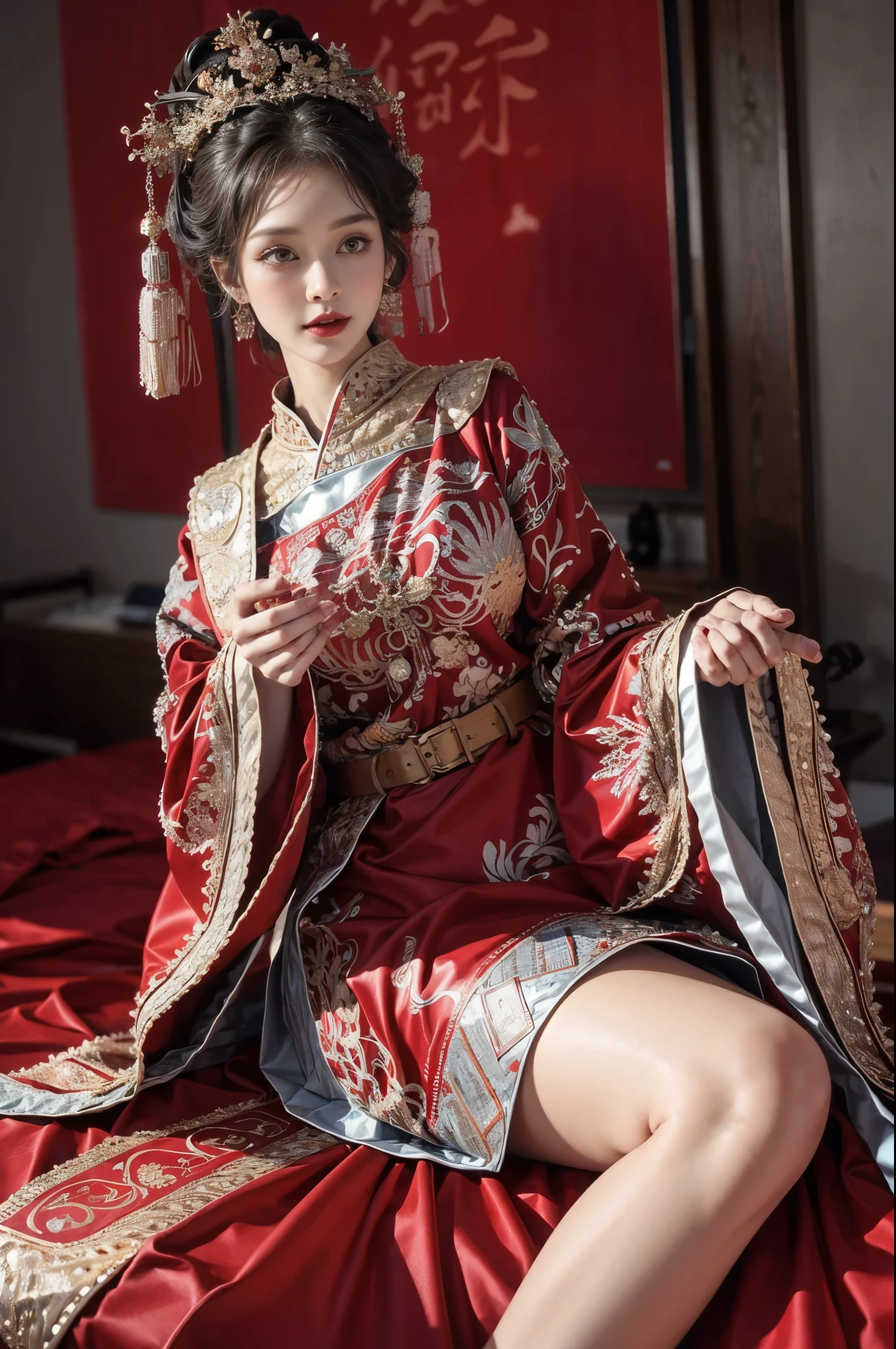 （Ultra-realistic 8K CG：1.2），Perfect artwork，delicate patterns，Complicated details，Heavy makeup，（Unbeatable masterpiece，Best quality at best：1.2），（extremly intricate：1.2），A beautiful cyberpunk woman，Woman in red and gold dress，（Expose legs1:1.2），Phoenix crown，hair stick，（sitting on red bed），cosmetics，Be red in the face，is shy，black_Hair，looking-down，cosmetics，（forehead dot），（2 red candles），Chinese_clothes，curtain，耳Nipple Ring，Hair_decorations，Hanfu，inside in room， jewely，rednails，Long_Sleeves，reddress，Redlip，nipple tassels，（Red quilt），（red palace：1.2），（Chinese Ancient Architecture），（rot：1.8），natta