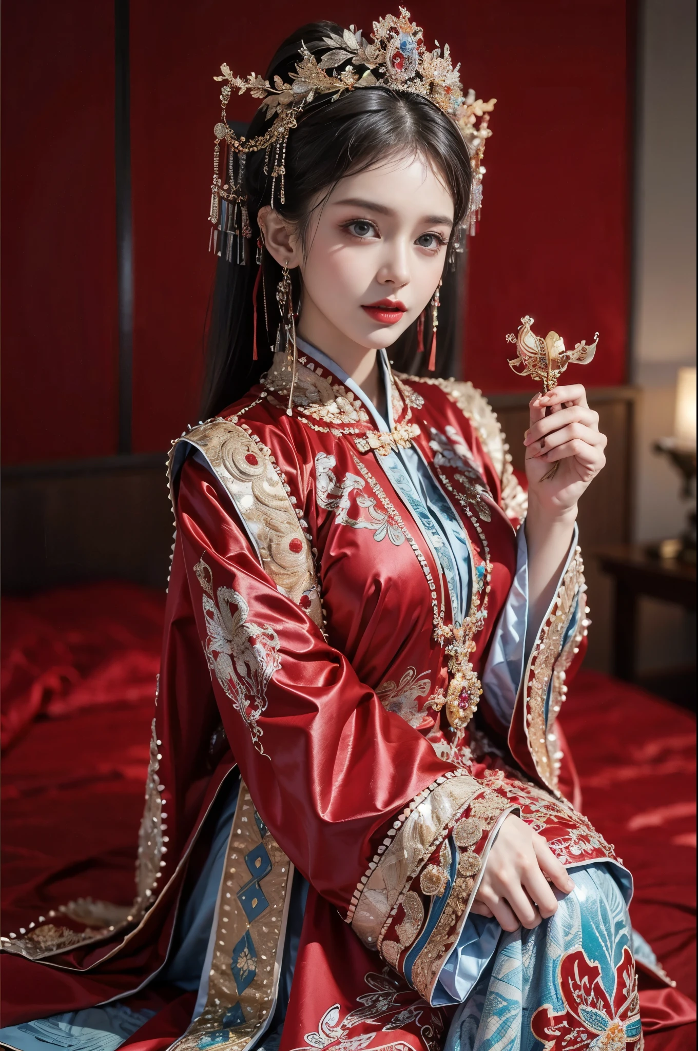 (Ultra-realistic 8K CG:1.2),Perfect artwork,delicate patterns,Complicated details,Heavy makeup,(Unbeatable masterpiece,Best quality at best:1.2),(extremly intricate:1.2),A beautiful cyberpunk woman,Woman in red and gold dress,(Expose legs1:1.2),Phoenix crown,hair stick,(sitting on red bed),cosmetics,Be red in the face,is shy,black_Hair,looking-down,cosmetics,(forehead dot),(2 red candles),Chinese_clothes,curtain,耳Nipple Ring,Hair_decorations,Hanfu,inside in room, jewely,rednails,Long_Sleeves,reddress,Redlip,nipple tassels,(Red quilt),(red palace:1.2),(Chinese Ancient Architecture),(rot:1.8),natta