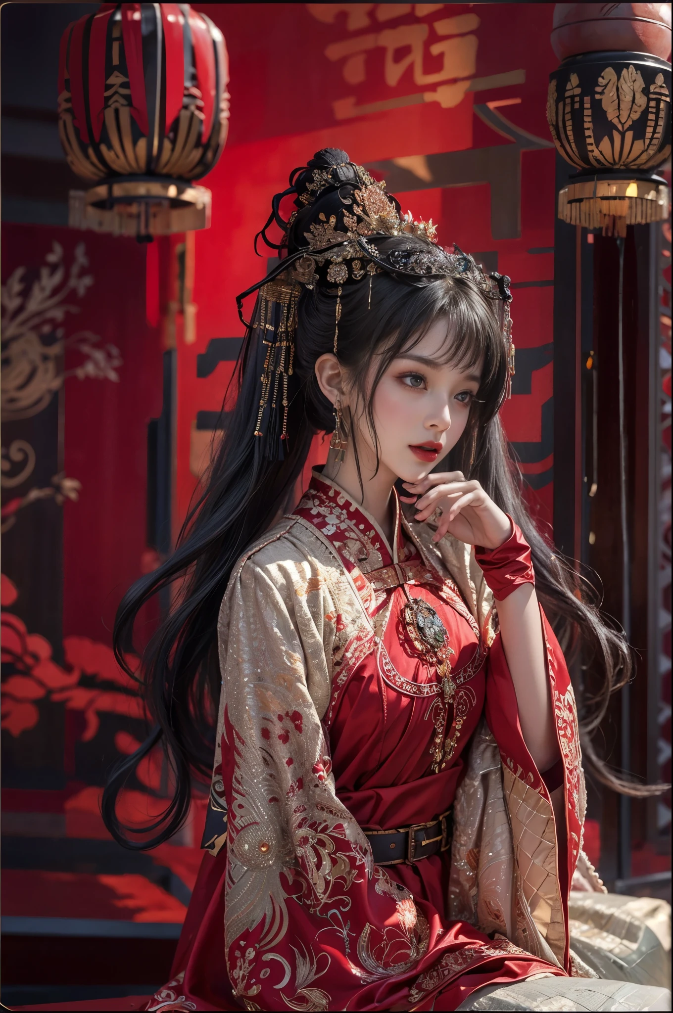 （Ultra-realistic 8K CG：1.2），Perfect artwork，delicate patterns，Complicated details，Heavy makeup，（Unbeatable masterpiece，Best quality at best：1.2），（extremly intricate：1.2），A beautiful cyberpunk woman，Woman in red and gold dress，（Expose legs1:1.2），Phoenix crown，hair stick，（sitting on red bed），cosmetics，Be red in the face，is shy，black_Hair，looking-down，cosmetics，（forehead dot），（2 red candles），Chinese_clothes，curtain，耳Nipple Ring，Hair_decorations，Hanfu，inside in room， jewely，rednails，Long_Sleeves，reddress，Redlip，nipple tassels，（Red quilt），（red palace：1.2），（Chinese Ancient Architecture），（rot：1.8），natta