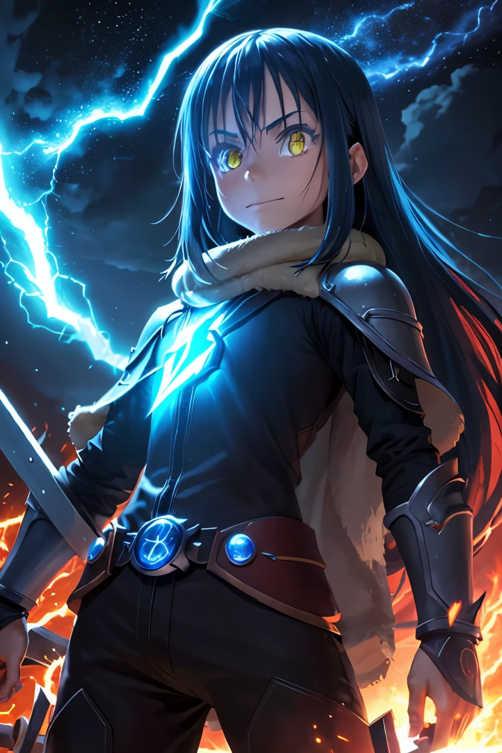 (best quality,highres:1.2), detailed fantasy art,serious expression,robot-like eyes,long black hair,evil smile, fighting stance, rimuru tempest de tensei shitara slime datta ken, cuerpo de hombre joven, adolescente, el cabello es celeste, los ojos son de robot, detailed fantasy art, postura de lucha, cuerpo completo, fuego alrededor, It&#39;s night and there is lightning in the sky, Rimuru tiene un aura de dios, red lens flare