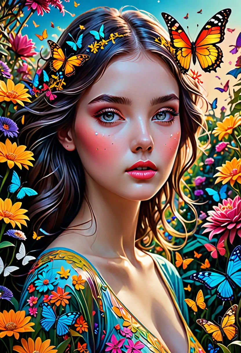 a girl , glowing shinny eyes with ultra long eyelashes, in a surreal and intricate garden of infinite possibilities, lost in a chaotic and unpredictable world, surrounded by vibrant and mesmerizing colors. The garden is filled with unique and peculiar plants and creatures, creating a sense of wonder and curiosity. 
The girl has deep and expressive eyes that are beautifully detailed, capturing the essence of her emotions and thoughts. Her lips are also beautifully detailed, reflecting her innermost desires and dreams. She has an aura of mystery and intrigue, drawing people towards her. Her face is extremely detailed, with long eyelashes that add to her captivating presence.

The garden is made with the highest level of craftsmanship, resembling a masterpiece of art. It combines various mediums such as illustrations, oil paintings, and 3D renderings, creating a visually stunning and immersive experience.

Every corner of the garden is filled with ultra-detailed elements, from the intricate textures on the petals of flowers to the fine details on the wings of butterflies. The level of detail is so high that it feels almost realistic and photorealistic. The colors are vivid and vibrant, with neon highlights that add a touch of excitement and futuristic aesthetics.

As the girl wanders through the garden, she is surrounded by an epic and complex landscape. The sky is filled with an abundance of stars, creating an ethereal and dream-like atmosphere. The transition between day and night is captured in the end of the sunset, where the colors blend harmoniously, creating a sense of tranquility and serenity.
This ultra HD artwork is a true masterpiece, capturing the essence of the girl's journey through the garden of random wonders. It is a visual representation of the infinite possibilities that lie within our dreams and the beauty that can be found in the most unexpected places.