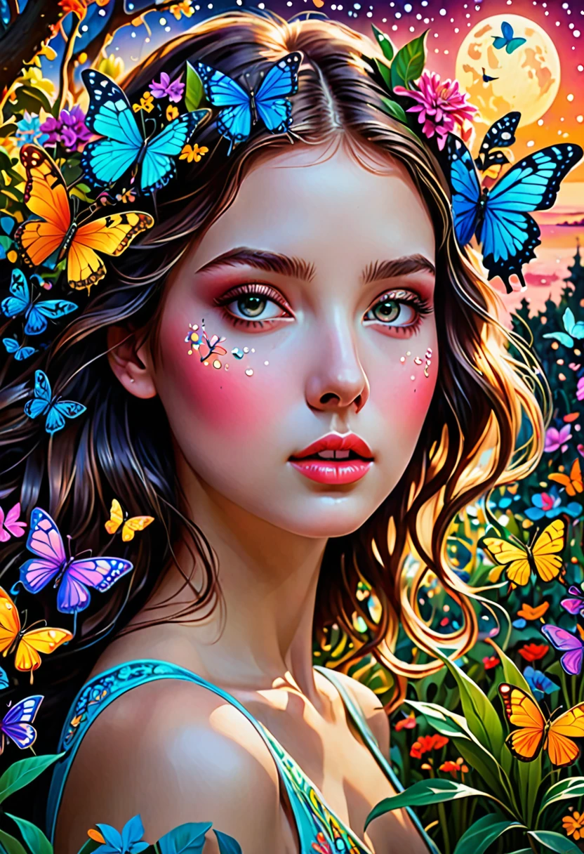 a girl , glowing shinny eyes with ultra long eyelashes, in a surreal and intricate garden of infinite possibilities, lost in a chaotic and unpredictable world, surrounded by vibrant and mesmerizing colors. The garden is filled with unique and peculiar plants and creatures, creating a sense of wonder and curiosity. 
The girl has deep and expressive eyes that are beautifully detailed, capturing the essence of her emotions and thoughts. Her lips are also beautifully detailed, reflecting her innermost desires and dreams. She has an aura of mystery and intrigue, drawing people towards her. Her face is extremely detailed, with long eyelashes that add to her captivating presence.

The garden is made with the highest level of craftsmanship, resembling a masterpiece of art. It combines various mediums such as illustrations, oil paintings, and 3D renderings, creating a visually stunning and immersive experience.

Every corner of the garden is filled with ultra-detailed elements, from the intricate textures on the petals of flowers to the fine details on the wings of butterflies. The level of detail is so high that it feels almost realistic and photorealistic. The colors are vivid and vibrant, with neon highlights that add a touch of excitement and futuristic aesthetics.

As the girl wanders through the garden, she is surrounded by an epic and complex landscape. The sky is filled with an abundance of stars, creating an ethereal and dream-like atmosphere. The transition between day and night is captured in the end of the sunset, where the colors blend harmoniously, creating a sense of tranquility and serenity.
This ultra HD artwork is a true masterpiece, capturing the essence of the girl's journey through the garden of random wonders. It is a visual representation of the infinite possibilities that lie within our dreams and the beauty that can be found in the most unexpected places.