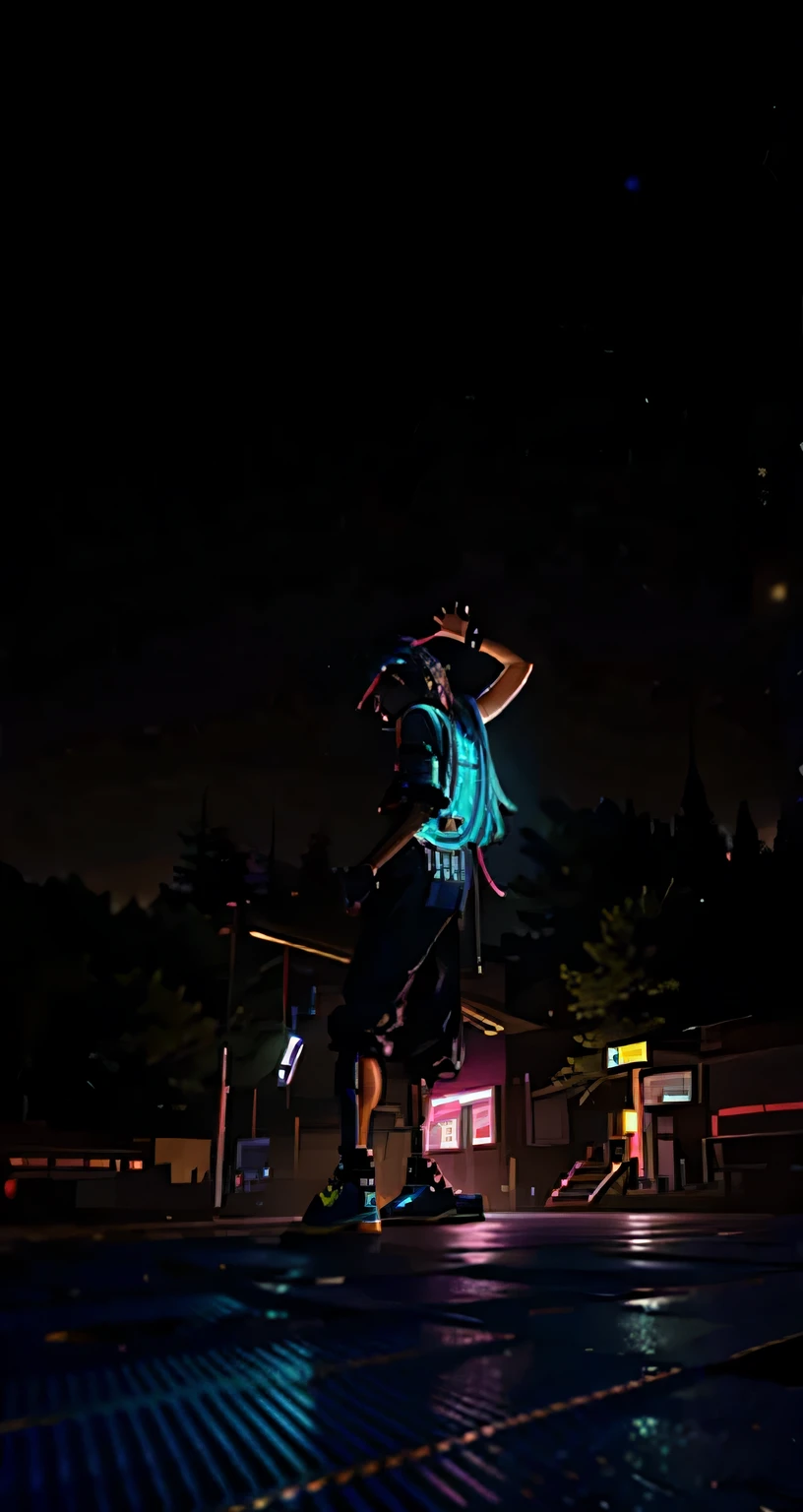 cyberpunk, neon, 1 boy playing badminton, Elf, neon hair, neon eyes, black leather jacket,sniper rifle, cover up, sneaking, mask,goggles,