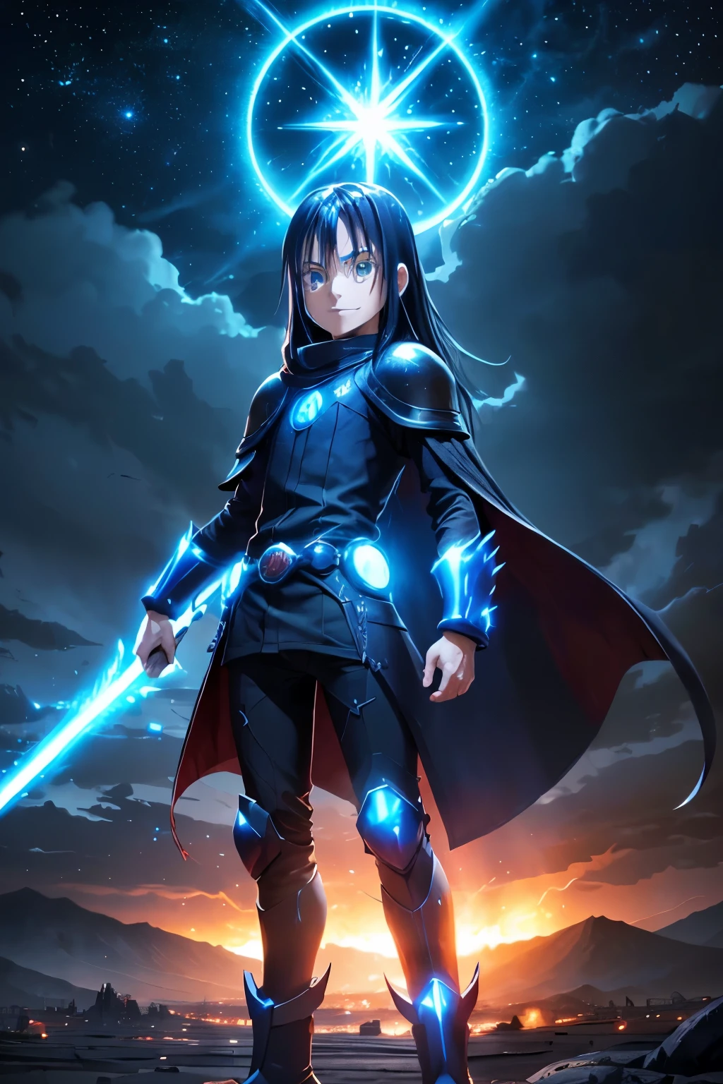 (best quality,highres:1.2), detailed fantasy art,serious expression,robot-like eyes,long black hair,evil smile, fighting stance, rimuru tempest de tensei shitara slime datta ken, cuerpo de hombre joven, adolescente, el cabello es celeste, los ojos son de robot, detailed fantasy art, postura de lucha, cuerpo completo, fuego alrededor, It&#39;s night and there is lightning in the sky, Rimuru tiene un aura de dios, red lens flare