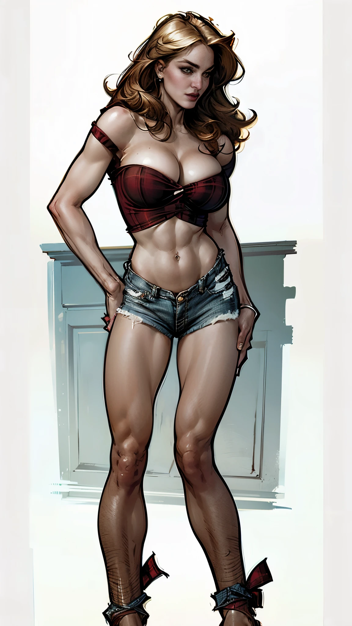 Madonna in comic book panel, bold lineart illustration comic, green eyes, parted lips, perfect body, tan skin, A beautiful woman wearing a red knotted plaid shirt, denim shorts, narrow waist, navel, barn,busty, --auto --style realistic-upscale