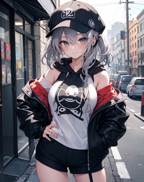 masterpiece, best quality, ultra-detailed, beautiful, 1girl, solo,((multicolored hair)), (white hair, black hair),ponytail,medium hair,black hair,between eyes,half-open slit eyes,squint,red eyes,ear piercing,choker,hoodie,plaid mini skirt, standing, simple background, from front, looking at the viewer,