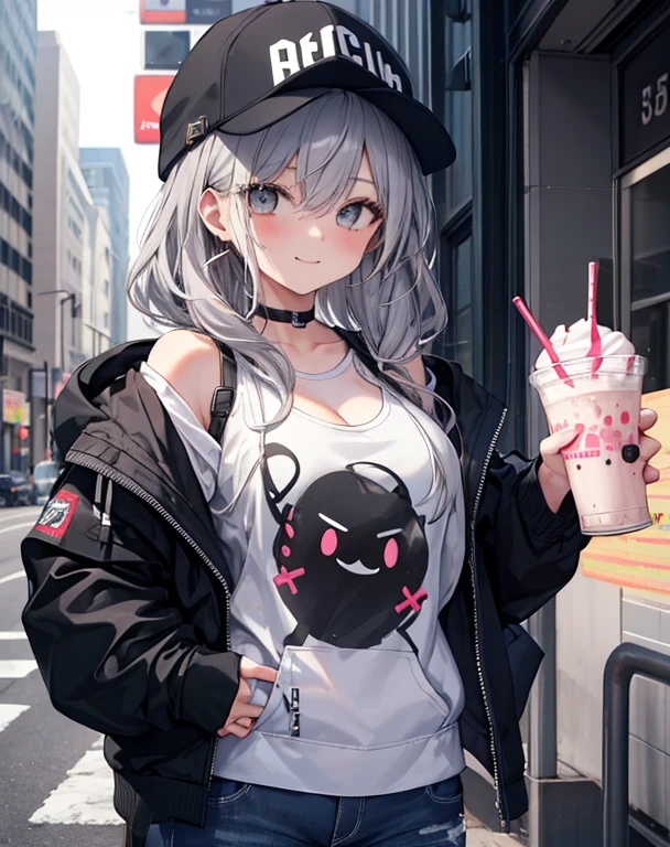 masterpiece,1 Girl, smiley face, Long messy gray hair, earphone,Solitary,Hoodies,Off-shoulder:1.2, Thug Hat, street,Hands on Hips, Drinking a milkshake while holding, Black cool jacket huge breasts