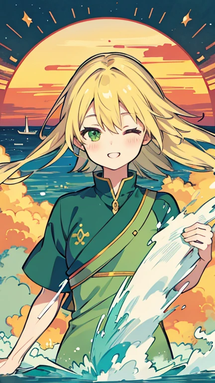 Anime Style, In the sky, across the sea, Open both eyes, Green Sea, In the sunset, smile, masterpiece, 4K, Detailed face, Excellent anatomy, highlight,