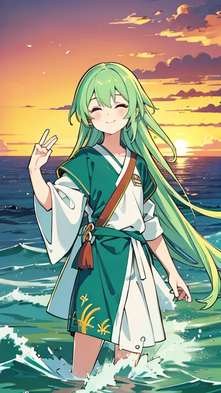 Anime Style, In the sky, across the sea, Open both eyes, Green Sea, In the sunset, smile, masterpiece, 4K, Detailed face, Excellent anatomy, highlight,
