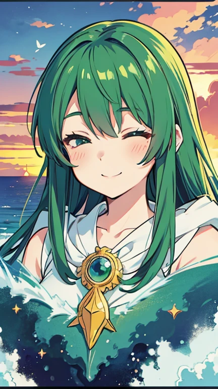 Anime Style, In the sky, across the sea, Open both eyes, Green Sea, In the sunset, smile, masterpiece, 4K, Detailed face, Excellent anatomy, highlight,