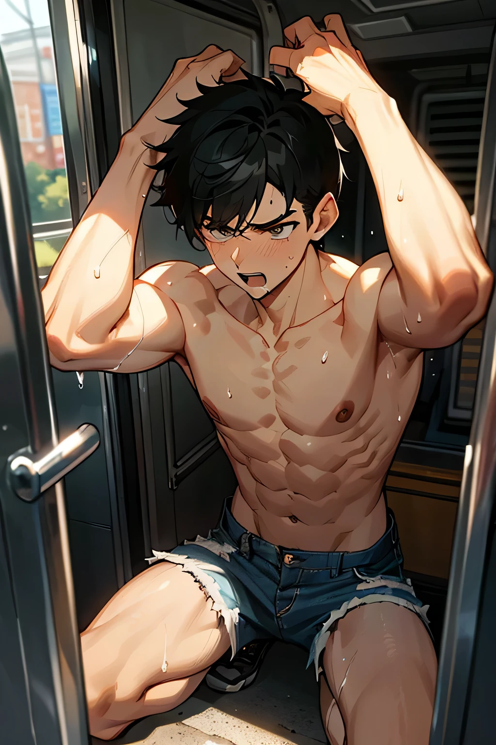 shirtless handsome manly short black hair caucasian male in tattered short jeans and sneakers, arms raised up above the head, shirtless, sweating profusely, drenched with sweat, exhausted, panting, kneeling inside the bus, inside the bus is crowded with people