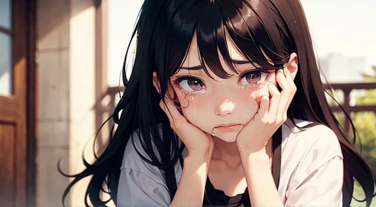 A girl crying after being scolded by her mother
