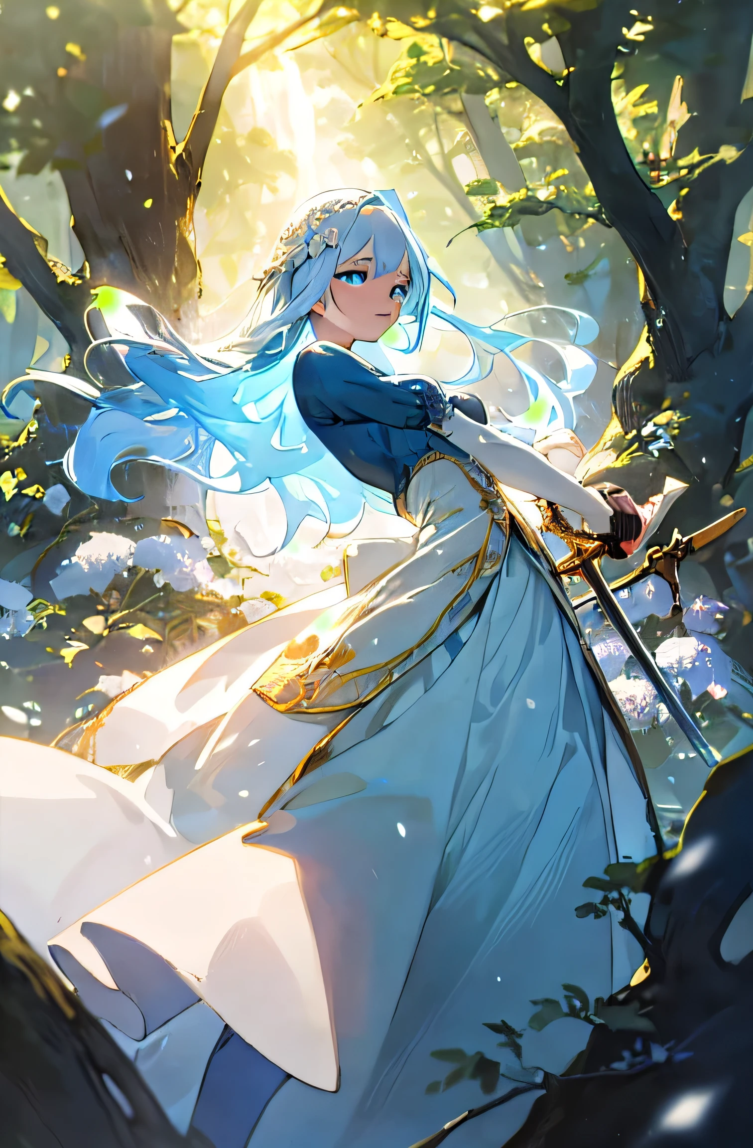 Best image quality, high resolution, 8K, realistic depiction in every detail, photorealism, one woman, Elizabeth stands at the heart of an enchanted clearing, bathed in sunlight filtering through the branches of ancient trees. She is surrounded by a profusion of flowers in vibrant colors and lush plants, creating a fairy-tale tableau worthy of the most enchanting stories.
Clad in a light, flowing dress that dances with the breeze, Elizabeth seems in perfect harmony with her magical surroundings. Her long white hair, reminiscent of cascading snow, delicately frames her angelic face, while her sparkling blue eyes capture the magic of the moment.
Her elegant and graceful silhouette seems to meld into the natural beauty around her, her aura imbued with wisdom and determination adding to her mysterious charisma. At her waist rests a sword of singular beauty, ready to be drawn at a moment's notice.
Despite the tranquility of the clearing, Elizabeth appears alert, ready to face any adversity with her expertise in swordsmanship and unmatched war strategy.