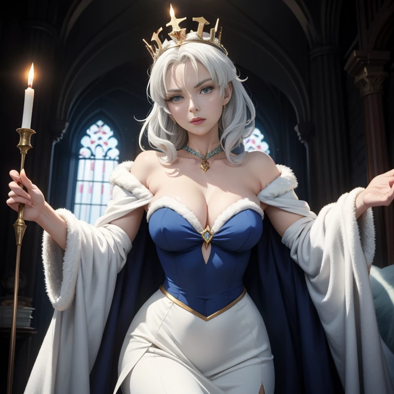 Anime artwork is clear and detailed，Presenting a movie-like image of the Snow Queen, 15th century，15th century，Fubuki dressed as the evil queen，Staring at the camera in a dark room in the castle, anime style, key point, Energetic, Studio anime, Very detailed, Disney《snow White》The Queen. 