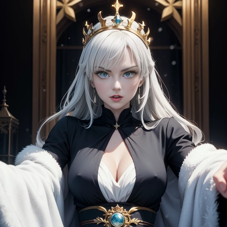 Anime artwork is clear and detailed，Presenting a movie-like image of the Snow Queen, 15th century，15th century，Fubuki dressed as the evil queen，Staring at the camera in a dark room in the castle, anime style, key point, Energetic, Studio anime, Very detailed, Disney《snow White》The Queen. 