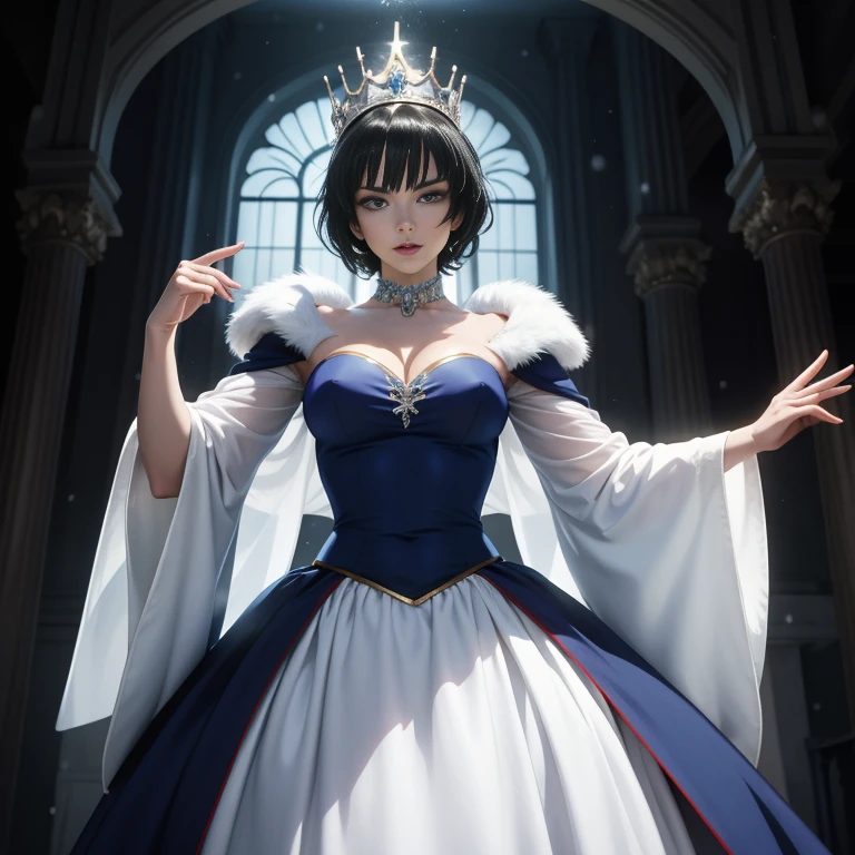 Anime artwork is clear and detailed，Presenting a movie-like image of the Snow Queen, 15th century，15th century，Fubuki dressed as the evil queen，Staring at the camera in a dark room in the castle, anime style, key point, Energetic, Studio anime, Very detailed, Disney《snow White》The Queen. 