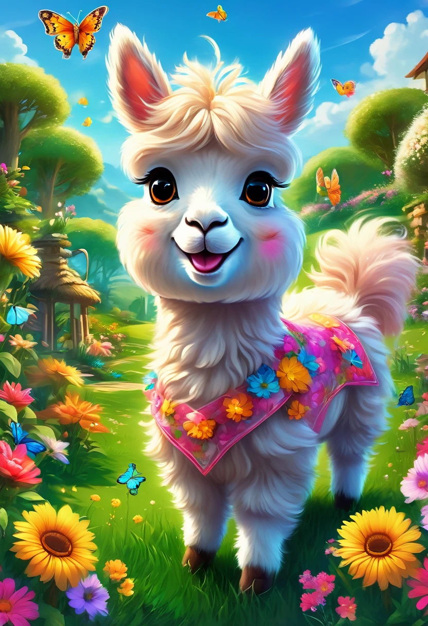 An Alpaca, aesthetic, (best quality,4k,8k,highres,masterpiece:1.2),ultra-detailed,realistic,(photorealistic:1.37),alpaca,cute,playful,expressive,fluffy fur,curious eyes,quirky personality,funny antics,comical poses,joyful atmosphere,vibrant colors,beautifully lit,artistic illustration,whimsical style,lovely garden,scenic background,harmonious composition,natural elements,lush greenery,flowers blooming,colorful butterflies,clear blue sky,sunlit environment,mischievous behavior,exploring surroundings,interacting with objects,random activities,running freely,standing on hind legs,playing with toys,rolling on the grass,eating flowers,making funny faces,enjoying the sunshine,jumping joyfully,raising head and looking around,communicating with other animals,bringing happiness and laughter,spreading positive energy.