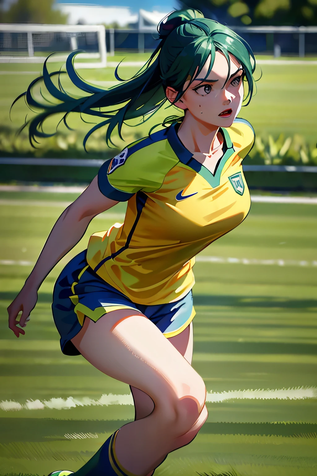 (Absurd, High Definition, Ultra Realistic), 1 female soccer player, Action, Detailed Facial Expressions, (Sports Art, Dynamism and Energy: 1.2), (Impressionist Art: 1.3), Vibrant Green and Blue Color Scheme, Most Detailed
On a sunny outdoor field, the beauty of a female soccer player shines as she passionately plays the game. Her eyes are locked on the ball, her muscles tensed, ready for the next move. Sweat glistens on her forehead, and her breath comes in short, sharp gasps. Her soccer cleats dig into the grass as she moves, agile and swift.