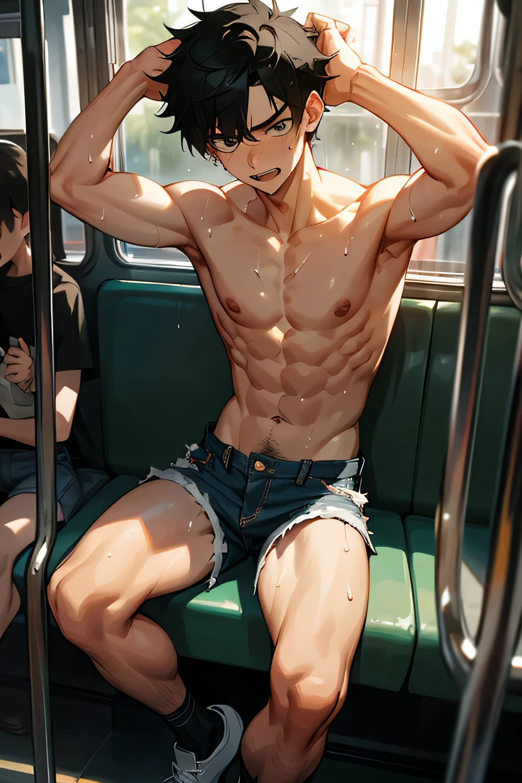 shirtless handsome manly short black hair caucasian male in tattered short jeans and sneakers, arms raised up above the head, shirtless, sweating profusely, drenched with sweat, exhausted, panting, inside the bus, inside the bus is crowded with people