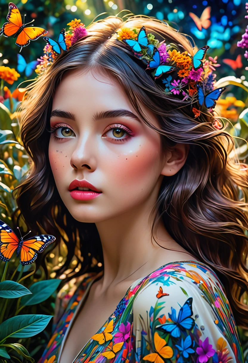 a girl , glowing shinny eyes with ultra long eyelashes, in a surreal and intricate garden of infinite possibilities, lost in a chaotic and unpredictable world, surrounded by vibrant and mesmerizing colors. The garden is filled with unique and peculiar plants and creatures, creating a sense of wonder and curiosity. 
The girl has deep and expressive eyes that are beautifully detailed, capturing the essence of her emotions and thoughts. Her lips are also beautifully detailed, reflecting her innermost desires and dreams. She has an aura of mystery and intrigue, drawing people towards her. Her face is extremely detailed, with long eyelashes that add to her captivating presence.

The garden is made with the highest level of craftsmanship, resembling a masterpiece of art. It combines various mediums such as illustrations, oil paintings, and 3D renderings, creating a visually stunning and immersive experience.

Every corner of the garden is filled with ultra-detailed elements, from the intricate textures on the petals of flowers to the fine details on the wings of butterflies. The level of detail is so high that it feels almost realistic and photorealistic. The colors are vivid and vibrant, with neon highlights that add a touch of excitement and futuristic aesthetics.

As the girl wanders through the garden, she is surrounded by an epic and complex landscape. The sky is filled with an abundance of stars, creating an ethereal and dream-like atmosphere. The transition between day and night is captured in the end of the sunset, where the colors blend harmoniously, creating a sense of tranquility and serenity.
This ultra HD artwork is a true masterpiece, capturing the essence of the girl's journey through the garden of random wonders. It is a visual representation of the infinite possibilities that lie within our dreams and the beauty that can be found in the most unexpected places.