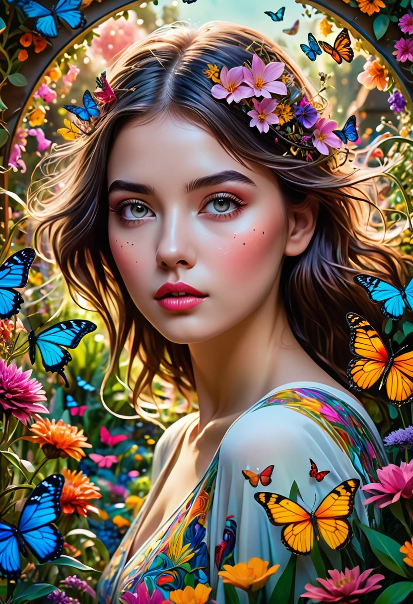 a girl , glowing shinny eyes with ultra long eyelashes, in a surreal and intricate garden of infinite possibilities, lost in a chaotic and unpredictable world, surrounded by vibrant and mesmerizing colors. The garden is filled with unique and peculiar plants and creatures, creating a sense of wonder and curiosity. 
The girl has deep and expressive eyes that are beautifully detailed, capturing the essence of her emotions and thoughts. Her lips are also beautifully detailed, reflecting her innermost desires and dreams. She has an aura of mystery and intrigue, drawing people towards her. Her face is extremely detailed, with long eyelashes that add to her captivating presence.

The garden is made with the highest level of craftsmanship, resembling a masterpiece of art. It combines various mediums such as illustrations, oil paintings, and 3D renderings, creating a visually stunning and immersive experience.

Every corner of the garden is filled with ultra-detailed elements, from the intricate textures on the petals of flowers to the fine details on the wings of butterflies. The level of detail is so high that it feels almost realistic and photorealistic. The colors are vivid and vibrant, with neon highlights that add a touch of excitement and futuristic aesthetics.

As the girl wanders through the garden, she is surrounded by an epic and complex landscape. The sky is filled with an abundance of stars, creating an ethereal and dream-like atmosphere. The transition between day and night is captured in the end of the sunset, where the colors blend harmoniously, creating a sense of tranquility and serenity.
This ultra HD artwork is a true masterpiece, capturing the essence of the girl's journey through the garden of random wonders. It is a visual representation of the infinite possibilities that lie within our dreams and the beauty that can be found in the most unexpected places.