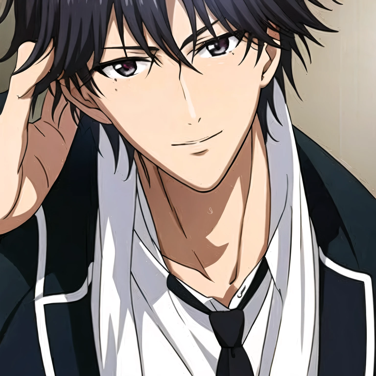 (masterpiece, best quality:1.2), 1 boy, Solitary, Male focus, Dark purple gray hair,Hair parted in the middle,(short hair),The ends of the hair are slightly raised,confidence,Publicity