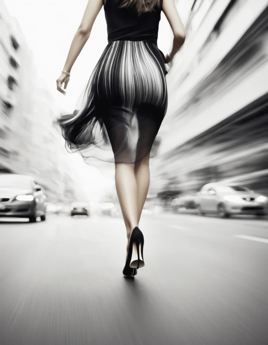 Motion blur, black and white close-up, white background, (back of a woman walking home in a hurry: 1.3), tilt-shift of (focus on legs and high heels)
Professional Fashion Photography, Super Macro, Long wavy hair with unusually rich and super fine textures, Poster style, Minimalist, Nikon, Hasselblad, Canon, Fuji, 16K, Street style, Beautifully detailed,illustration，Combining ink painting and photography，in style of Light painting,