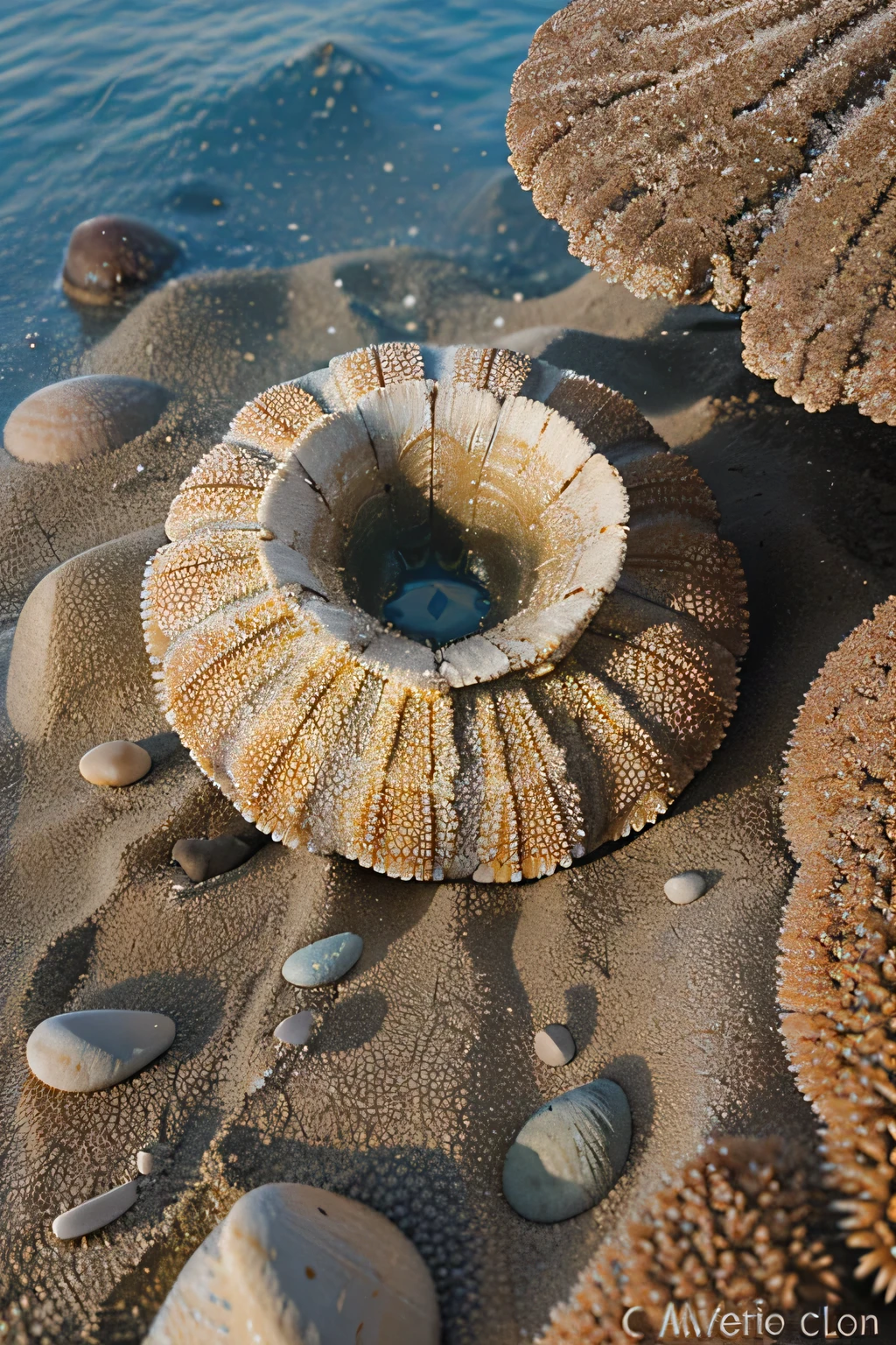 Masterpiece, raw image, ultra-realistic, location California coast, foraging, 5 red sea urchin, some bright and light colors, natural, separate 7 limpets, white and cream color, wet, above the water, sand, pebbles, sea grass, raw colors, highly detailed.