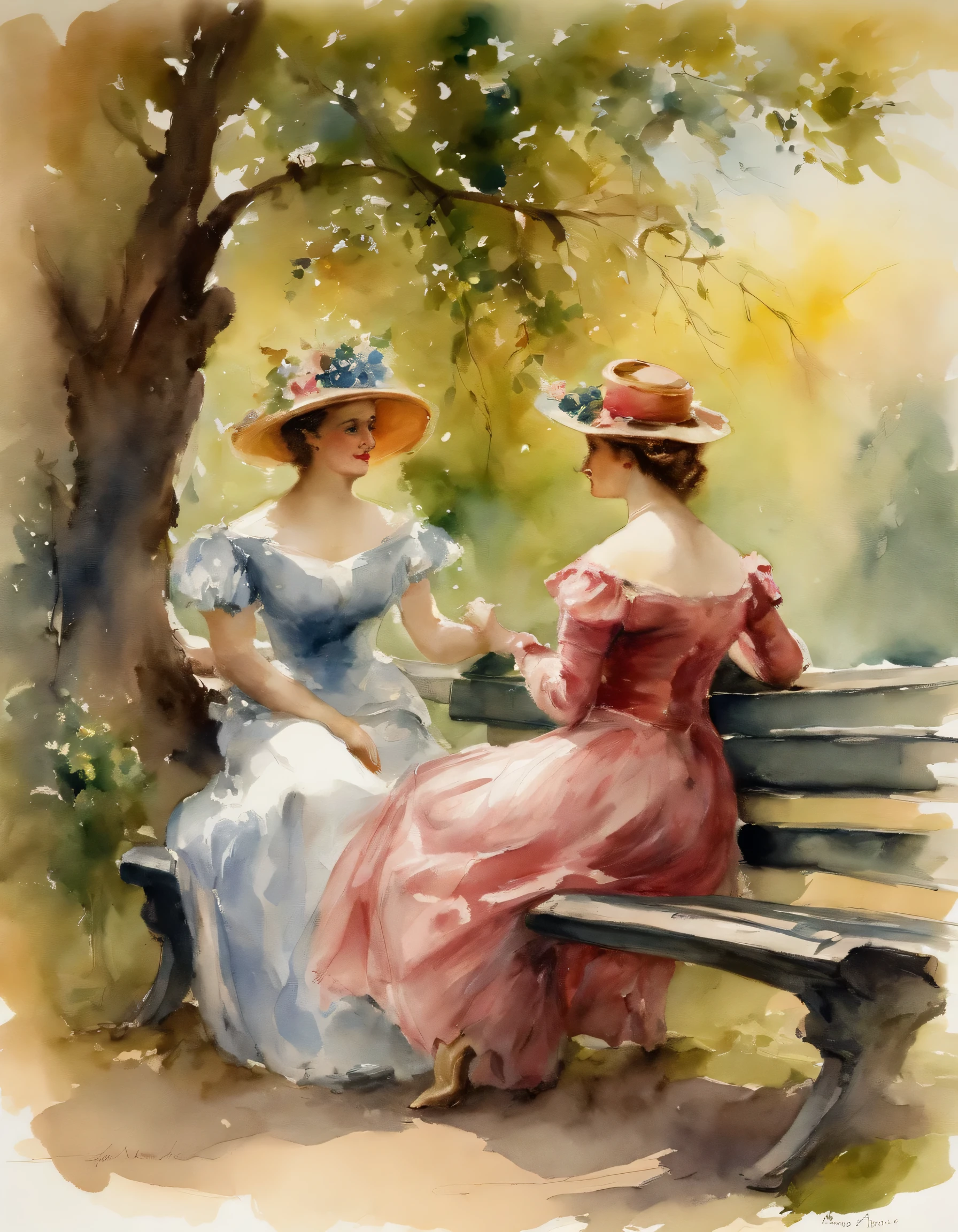 Romantic scene, Two elegant ladies,Talking on a park bench， Two women in the park , Big tree in the background，warm sunlight，author：Adolf Menzel