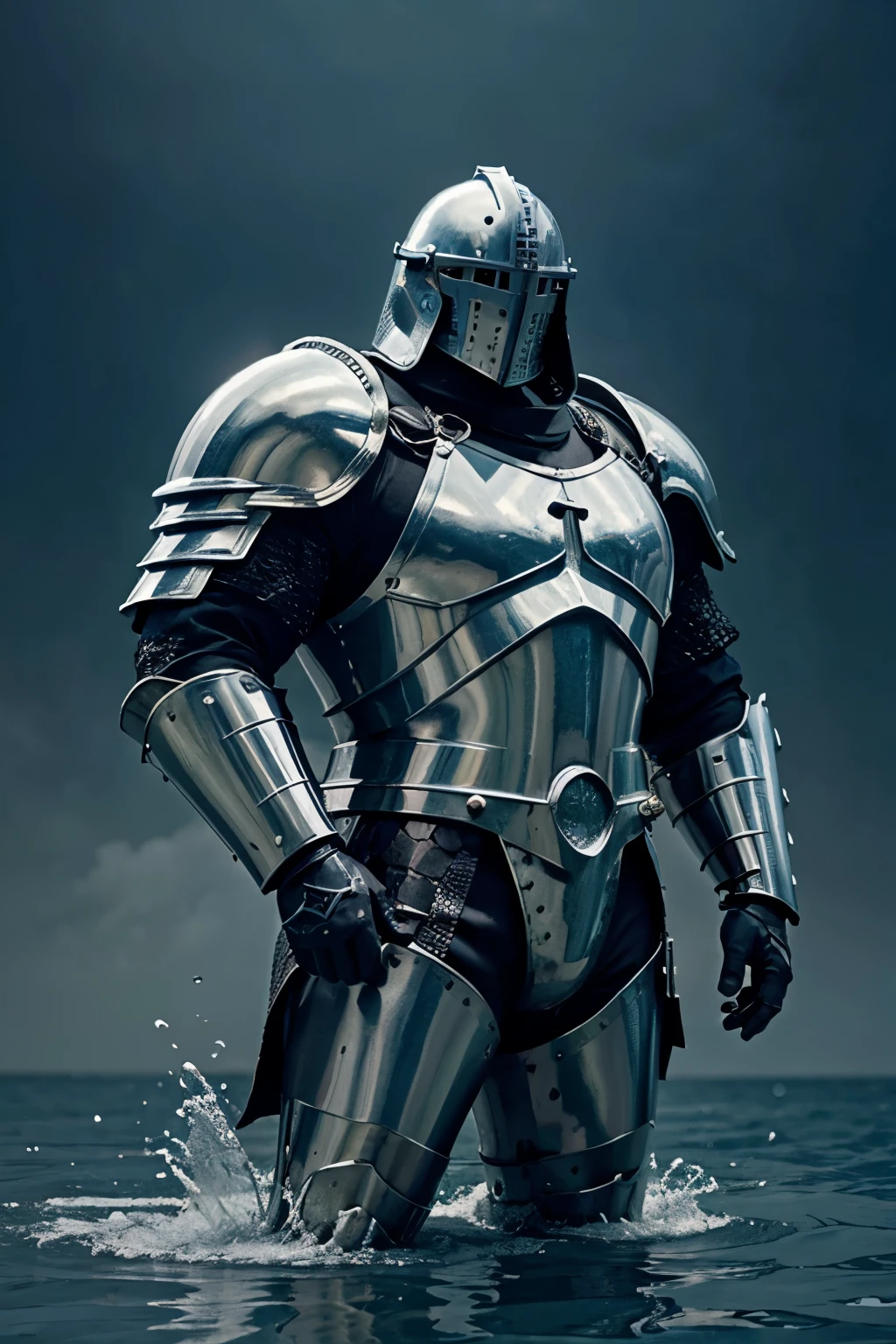 A massive heavy knight with massive shoulder pads and a helmet that covers his face and in chainmail armor with some elements of the aquatic race. no hair, stands menacingly, drawn using a limited color palette