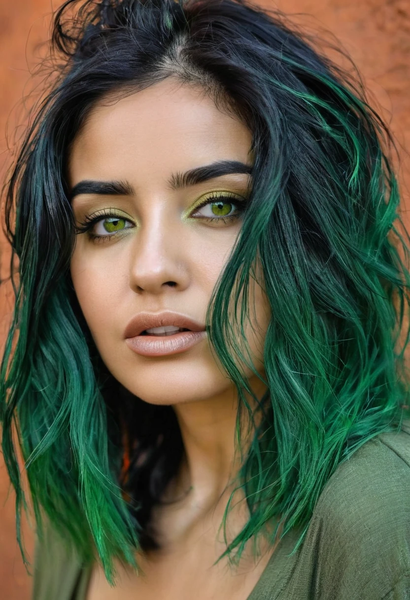 Chica con mirada de odio y tristeza, cabello negro, ojo derecho color plomo, izquierdo color verde, con un entorno de fuego
