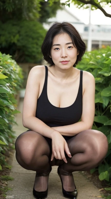 Japanese,Young and cute , (alone), 18-year-old, (Wrinkles around the eyes:1.2),whole body, big breasts,Nipples pop out,short hair, Glamour, Sexy, Pure white skin, Watching the audience、(Black tank top)、(She's only wearing black pantyhose),Black high heels、garden、squat、(1 with open legs.5),Leg spread