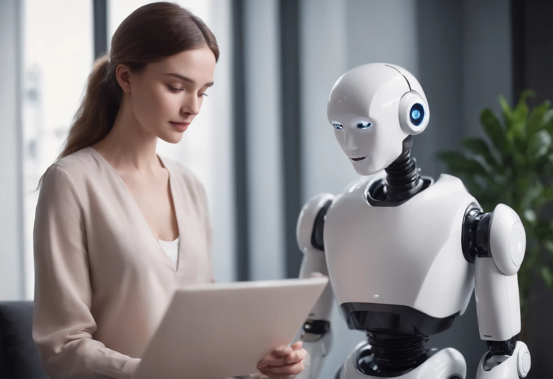 Robot assistant helping a person with daily tasks, humanoid design, friendly interaction, modern interior setting, technological innovation.
