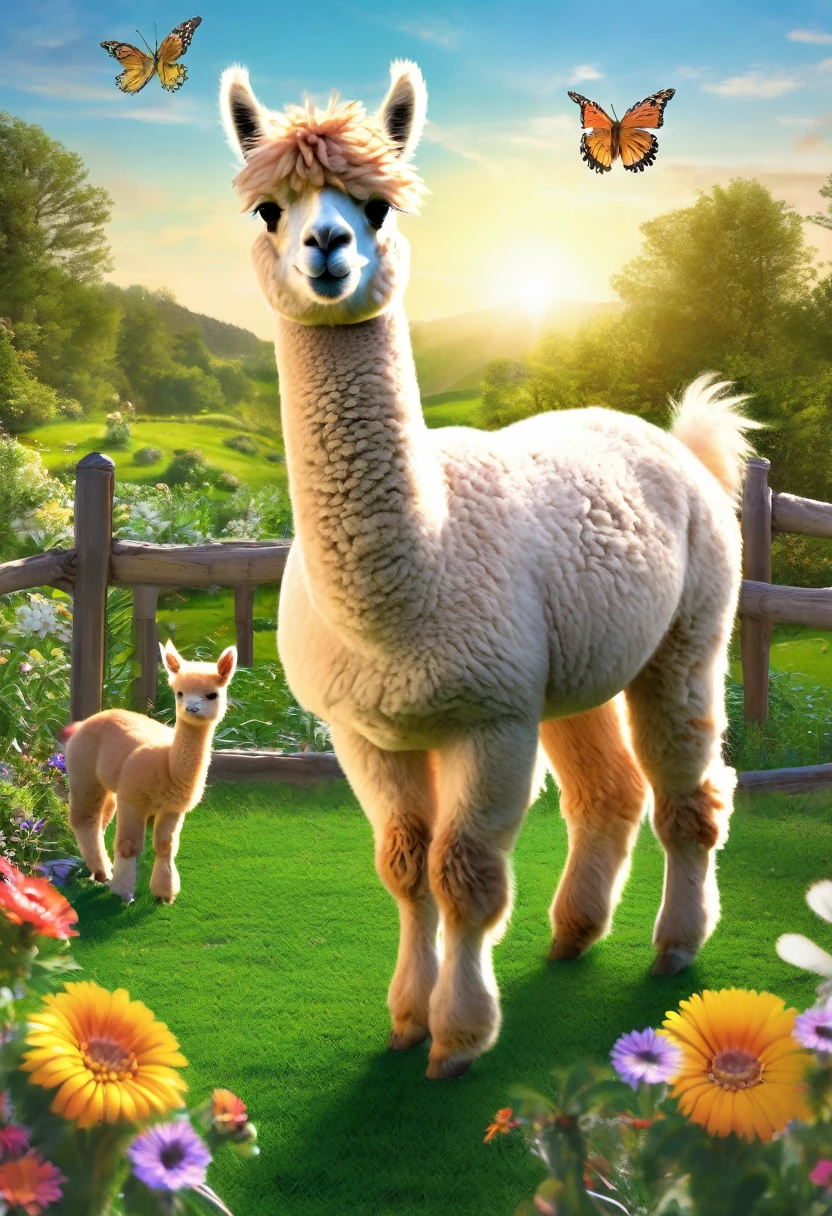 An Alpaca, aesthetic, (best quality,4k,8k,highres,masterpiece:1.2),ultra-detailed,realistic,(photorealistic:1.37),alpaca,cute,playful,expressive,fluffy fur,curious eyes,quirky personality,funny antics,comical poses,joyful atmosphere,vibrant colors,beautifully lit,artistic illustration,whimsical style,lovely garden,scenic background,harmonious composition,natural elements,lush greenery,flowers blooming,colorful butterflies,clear blue sky,sunlit environment,mischievous behavior,exploring surroundings,interacting with objects,random activities,running freely,standing on hind legs,playing with toys,rolling on the grass,eating flowers,making funny faces,enjoying the sunshine,jumping joyfully,raising head and looking around,communicating with other animals,bringing happiness and laughter,spreading positive energy.
