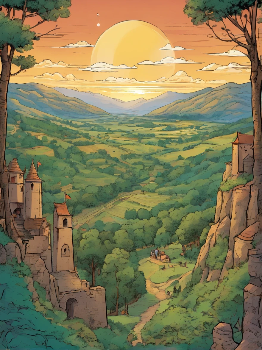 Medieval setting; View of a valley with many trees and a city with stone walls from the top of a mountain. It's sunset; the sun is low on the horizon and in the sky you can glimpse the moon with the first stars.