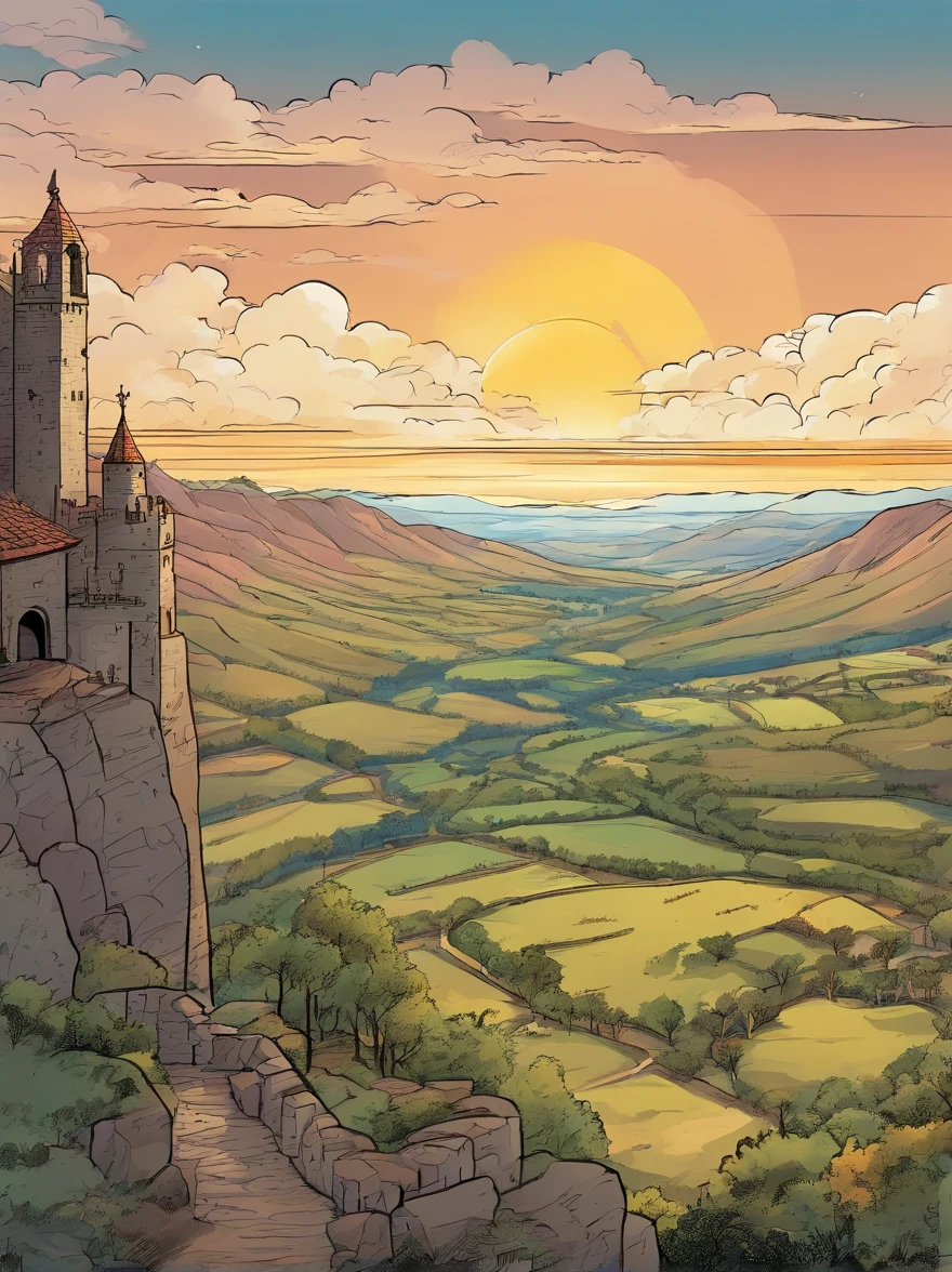 Medieval setting; View of a valley with many trees and a city with stone walls from the top of a mountain. It's sunset; the sun is low on the horizon and in the sky you can glimpse the moon with the first stars.
