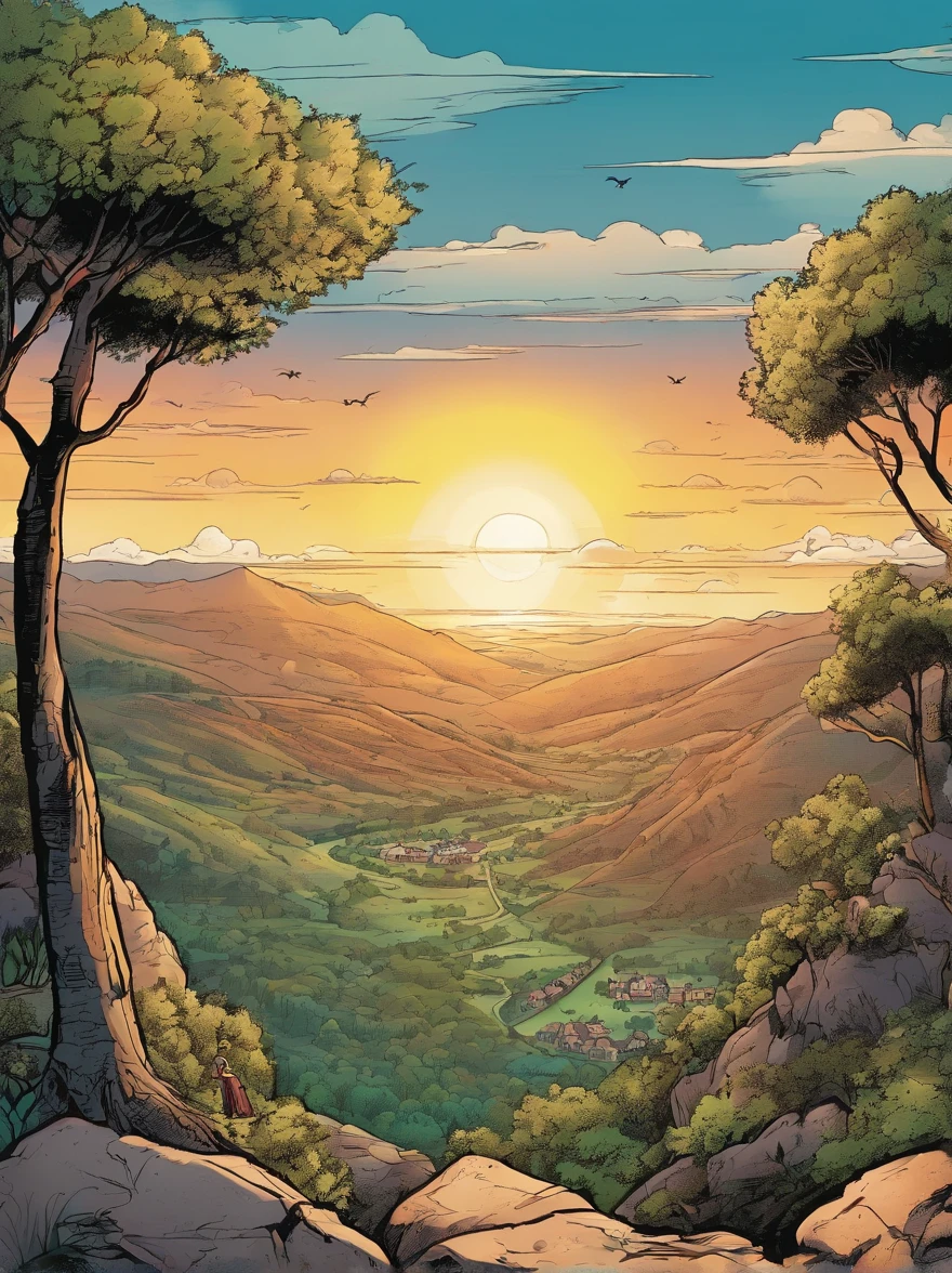 Medieval setting; View of a valley with many trees and a city with stone walls from the top of a mountain. It's sunset; the sun is low on the horizon and in the sky you can glimpse the moon with the first stars.