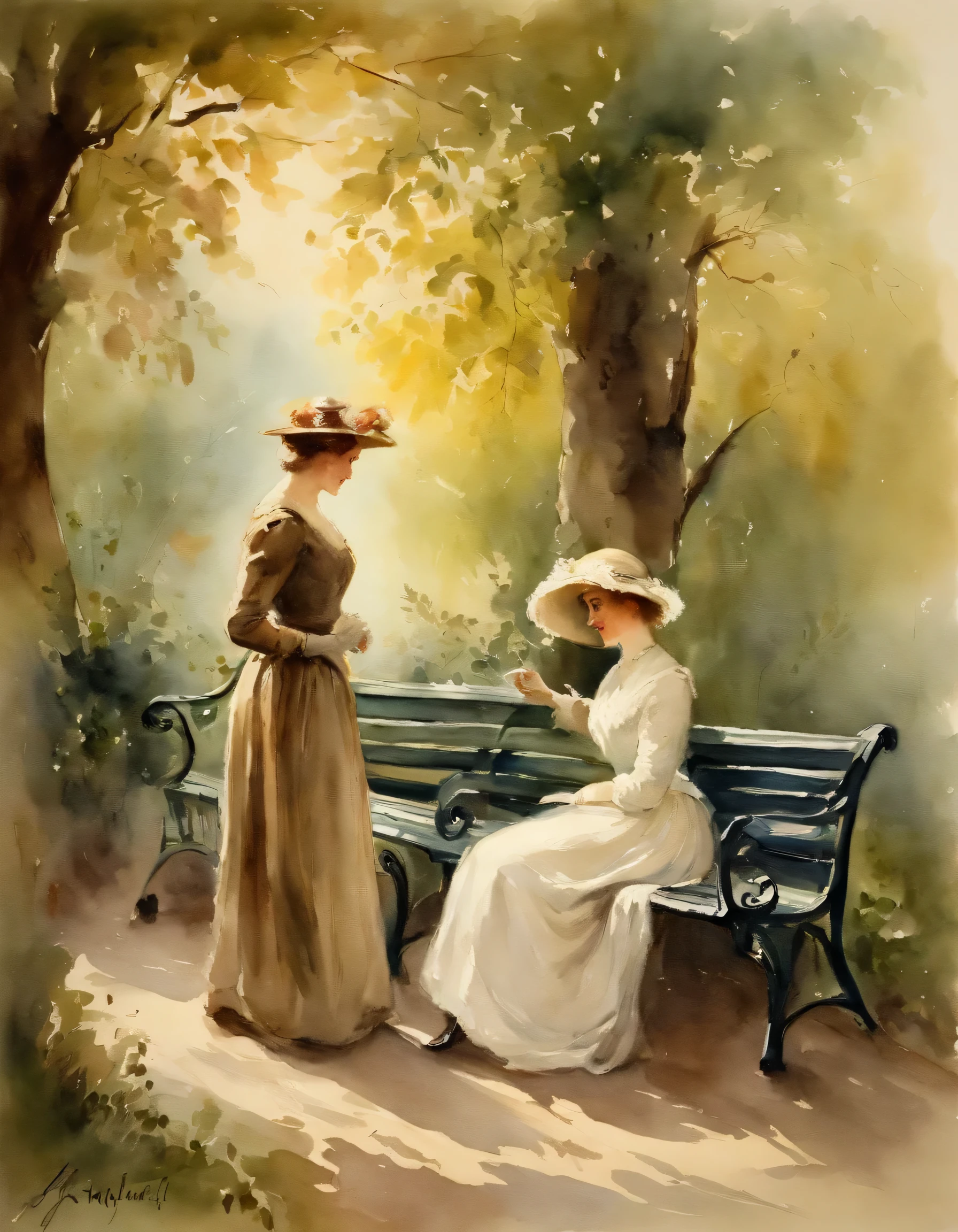 Romantic scene, Two elegant ladies,Talking on a park bench, Two women in the park , Big tree in the background,warm sunlight,author:Adolf Menzel