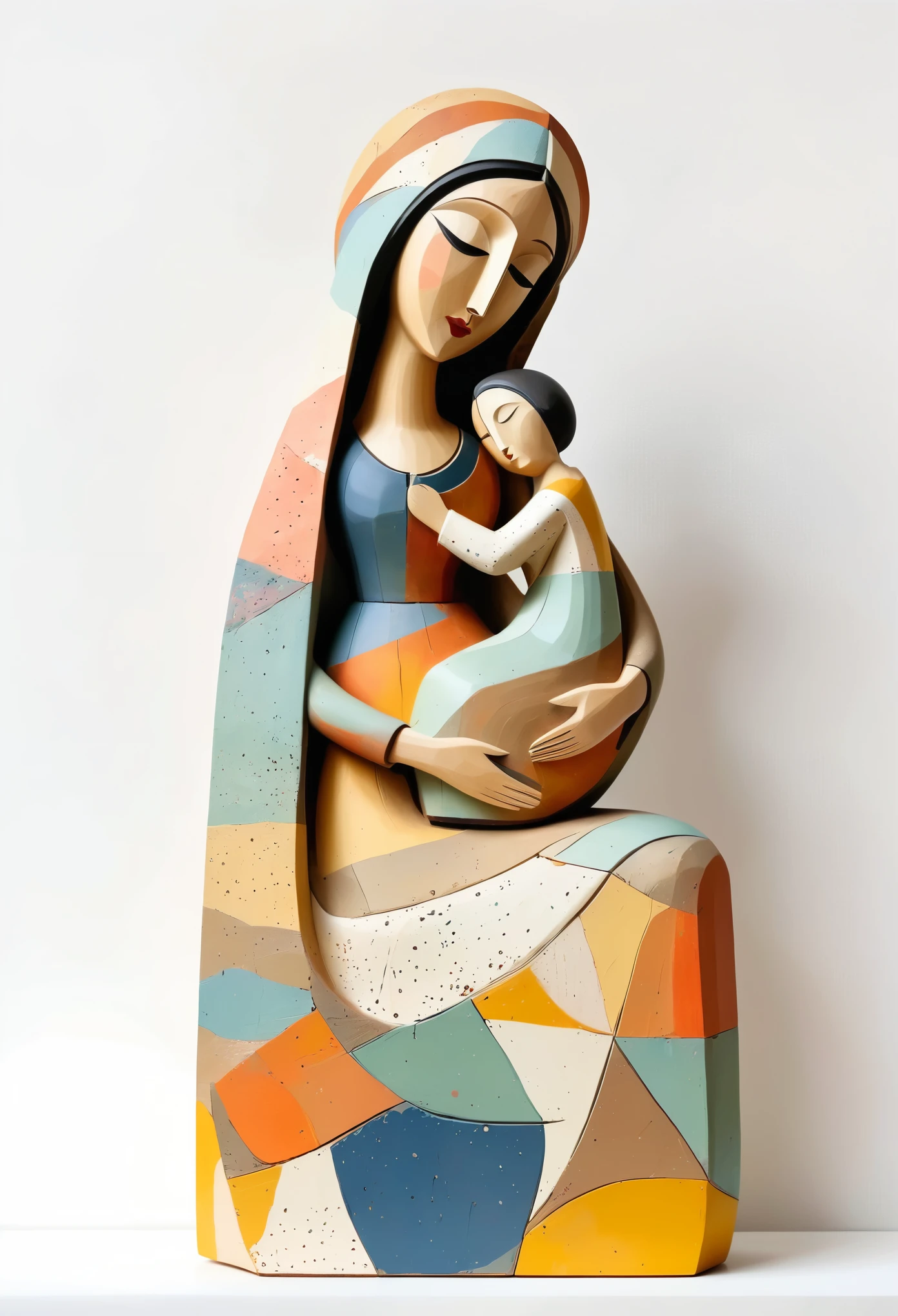 Colorful sculpture of the Madonna painted in earthy tones, Rough texture,Stale,Wearing a floral dress, White background, John Klassen's Style. EArrangei and Morandi colors, organic shapes, Geometric patterns, The style of Shu Uemura. Paint drops on Matisse style wooden figures. cubism style, Art Deco, pop surrealist characters, folk inspired illustrations, pastel color palette, bright White background, No shadow.