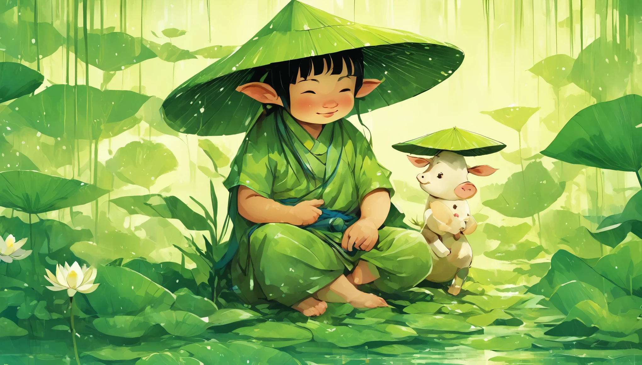 It is raining lightly in the sky. There is a little girI
wearing a bamboo hat, sitting on the back of a
cow, surrounded by hugje lotus leaves. lustration
in digital art style, bright green tones, for
children's picture books, K --ar 3:4 --5 1000
-nili 6