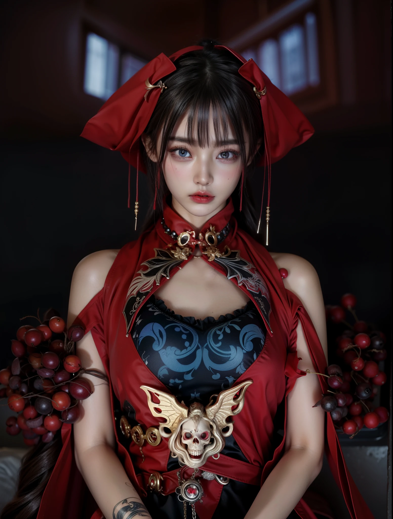 Detailed image quality,pandora witch,wing, Succubus Theme,堕落Angel,Excellent,scary,Secret Terror,Tentacles,With eyes,Uncanny Valley Effect,Beast Blood Moon,skeleton,vampire,Hellfire,Dark Queen,Angel,magician magic witch,16岁Angel,eyes are blue(Pupils as deep as the starry sky),Gorgeous tattoo designs all over the body,Chinese bride,Wearing a red veil on her head