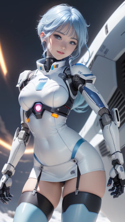 Snow eyes, Snow Woman of the Gospel World, Medium blue with white stripes, ((Best quality)), ((masterpiece)), (detailed: 1.4), Robot pilot woman defined muscular body, Neon Evangelion style, Half bare thighs, Keep your mouth shut, Sexy, Muscles covered by technical clothing, (((Medium breasts)) perfect, Wide neckline, ((Light blue and white striped clothes)), Argentina, Soft tones, (((Robotic Arm))), There is an airplane wing on the back,  Sky blue hair with highlights, Short underwear, Garter belt, For many, Rainbow--V5, Close to reality, Best quality, almost naked, psychology, Blushed, happy, Strike sexy poses, Psychedelic Background, 2-piece outfit, dibujos de sol de la bandera de Argentina, Cyberpunk, Dark blue sun bra, (((Argentina国家队球衣颜色的服装))),  Pointed shoulder pads, blue eyes without pupils, HDR (High Dynamic Range),Ray Tracing,NVIDIA RTX,Super Resolution,Unreal 5,Underground diffusion, PBR Textures, Post-processing, Anisotropic filtering, Depth of Field, Maximum clarity and sharpness, Multi-layered textures, Albedo and Specular Maps, Surface shading, Accurate simulation of the interaction between light and material, proporciones perfectas, Octane Rendering, Dual color lighting, wide opening, Low ISO,  White Balance, Rule of Thirds, 8K Native, Crysis Nano Armor