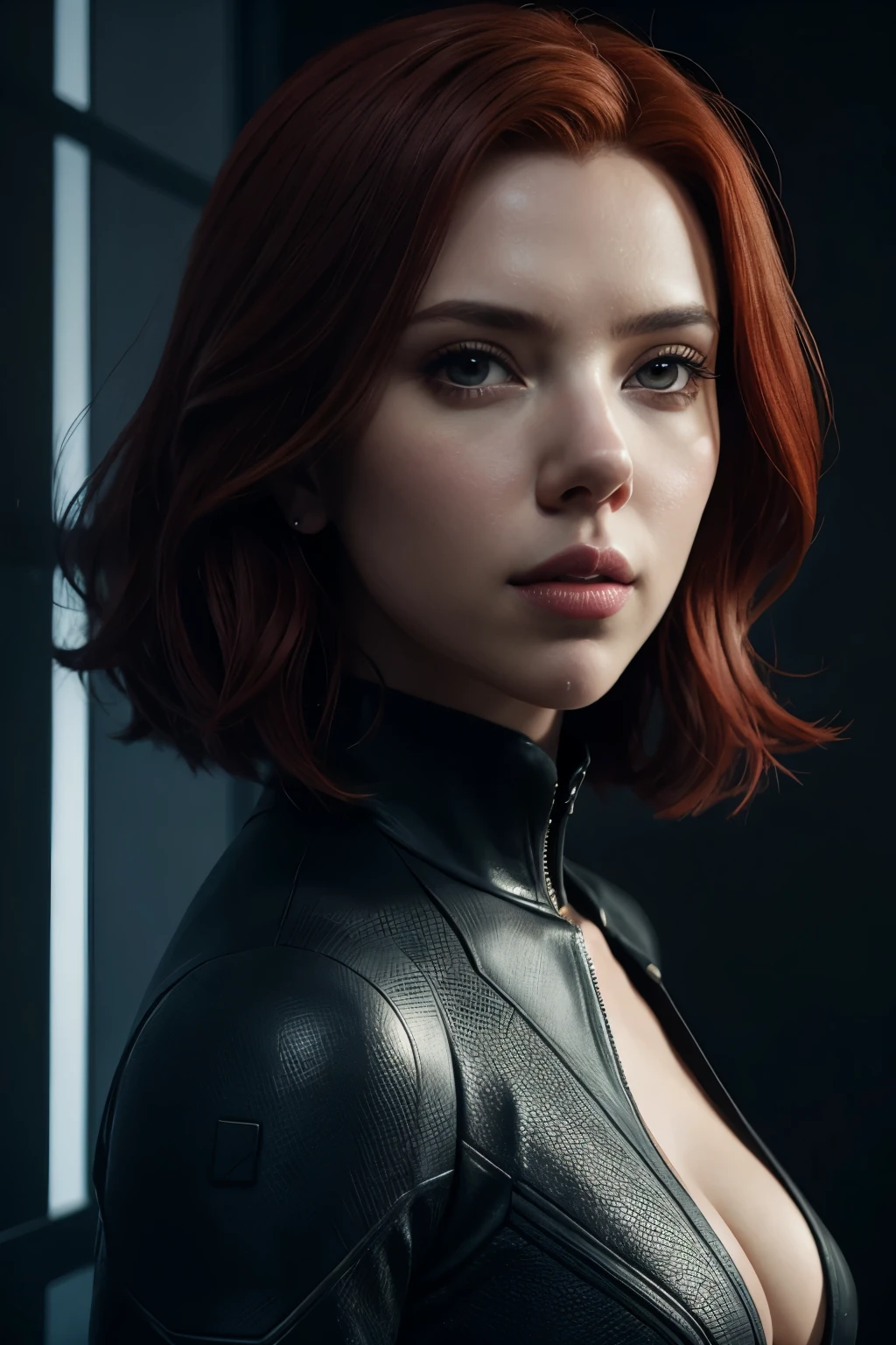 Scarlett Johansson plays Black Widow in the Marvel universe., Extremely detailed, ClothingNlack Highly detailed Widow,High quality face, beautiful posture,beautiful light, perfect lighting, realistic shadows, [high resolution], Fine skin, Extremely detailed ,concept artของเกม FPS, concept art, Craig Mullins style, Video game concept art, 8k,red hair, close up