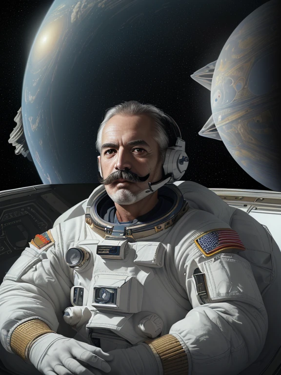 ((masterpiece, highest quality, Highest image quality, High resolution, photorealistic, Raw photo, 8K)),A man with mustache and A giant spacecraft navigating interstellar space, Inside a huge spaceship, the space is uniformly white, Astronauts floating in geometric space,