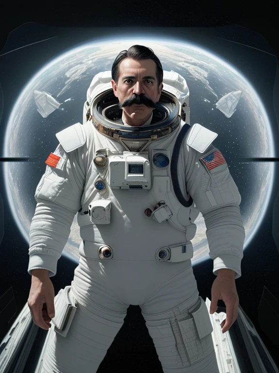 ((masterpiece, highest quality, Highest image quality, High resolution, photorealistic, Raw photo, 8K)),A man with mustache and A giant spacecraft navigating interstellar space, Inside a huge spaceship, the space is uniformly white, Astronauts floating in geometric space,