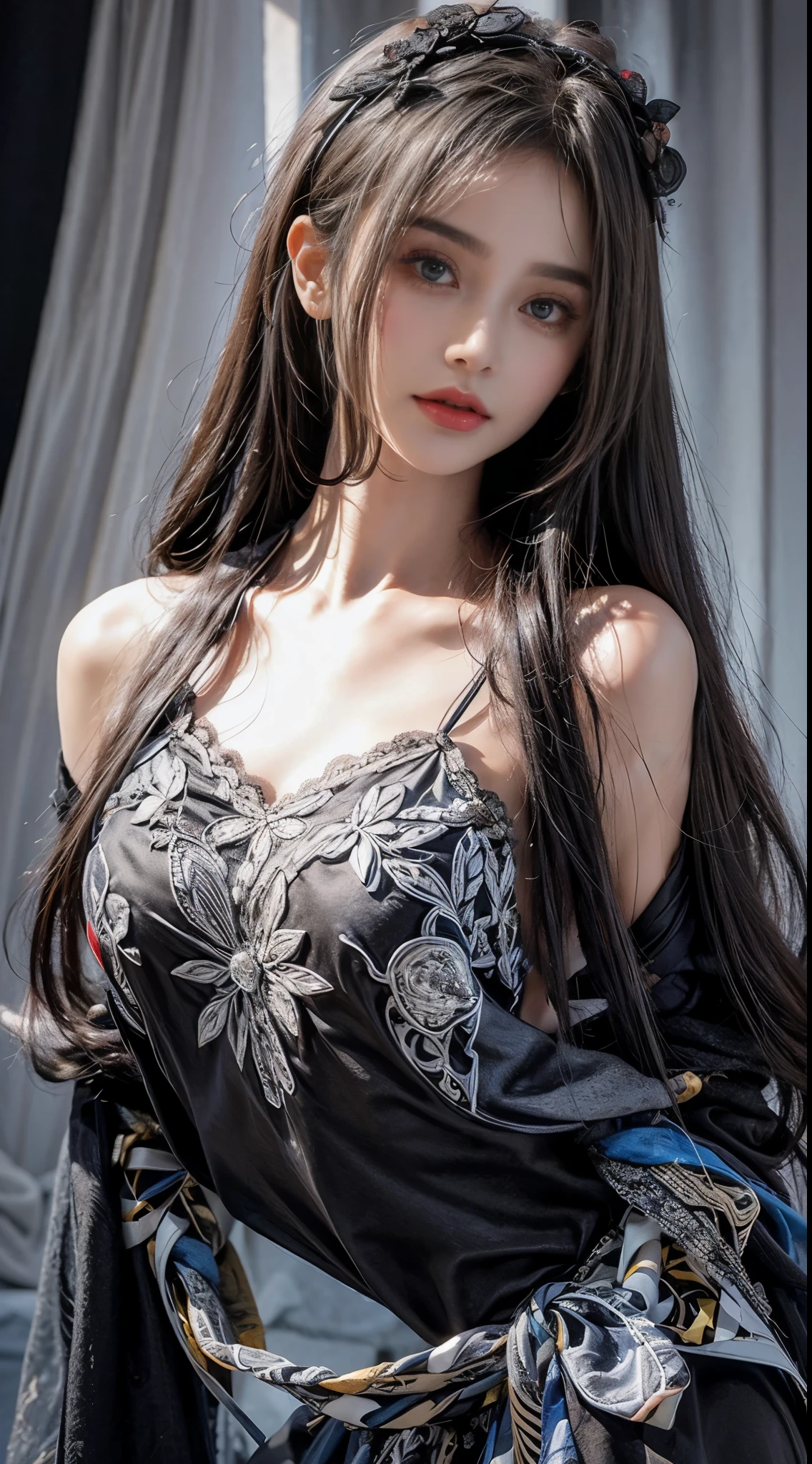 best quality, masterpiece, Ultra-high resolution, (Reality:1.4), original photo, 1 Girl, ((black lace nightgown)), ((Small breasts)), Cold Light