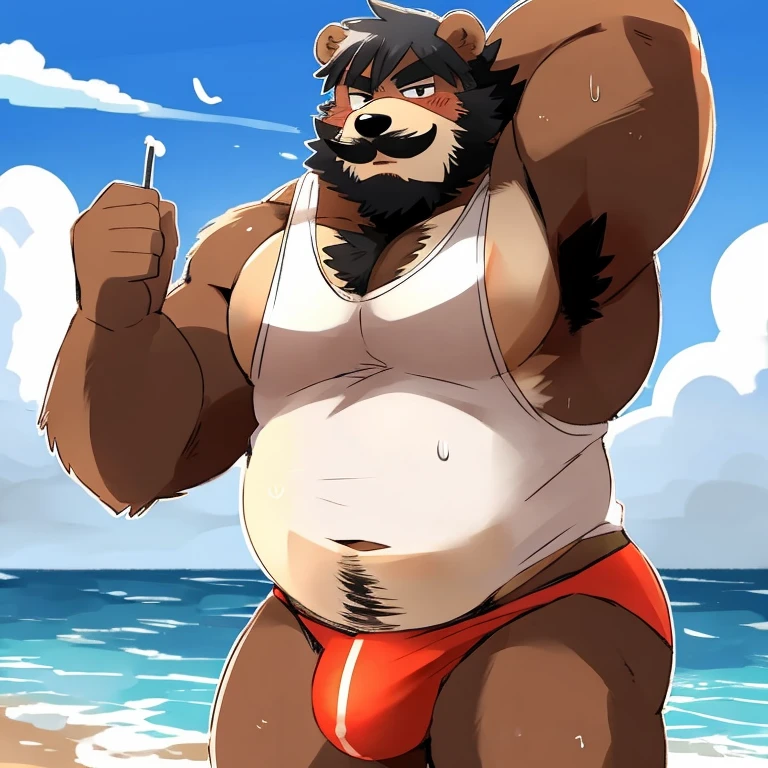 Chubby, furry,male , anthro bear, dark orange fur, cream fur, black hair, very plump, middle aged , mouth covered mustache,Thick beard, seductive , detailed , full body , tight tank top, lifted up, chest and belly exposed, naked, massive penis, bulge detailed, cum everywhere inside speedo, big juicy pecs, extremely hot and sexy, eye ls half closed, black pupils, eye contact, seductive, horny, hot, white tank top, speedo, sweaty, beach setting, afternoon, blue sky, hot temperature, day time, one arm raised, hairy armpit, by hyaku