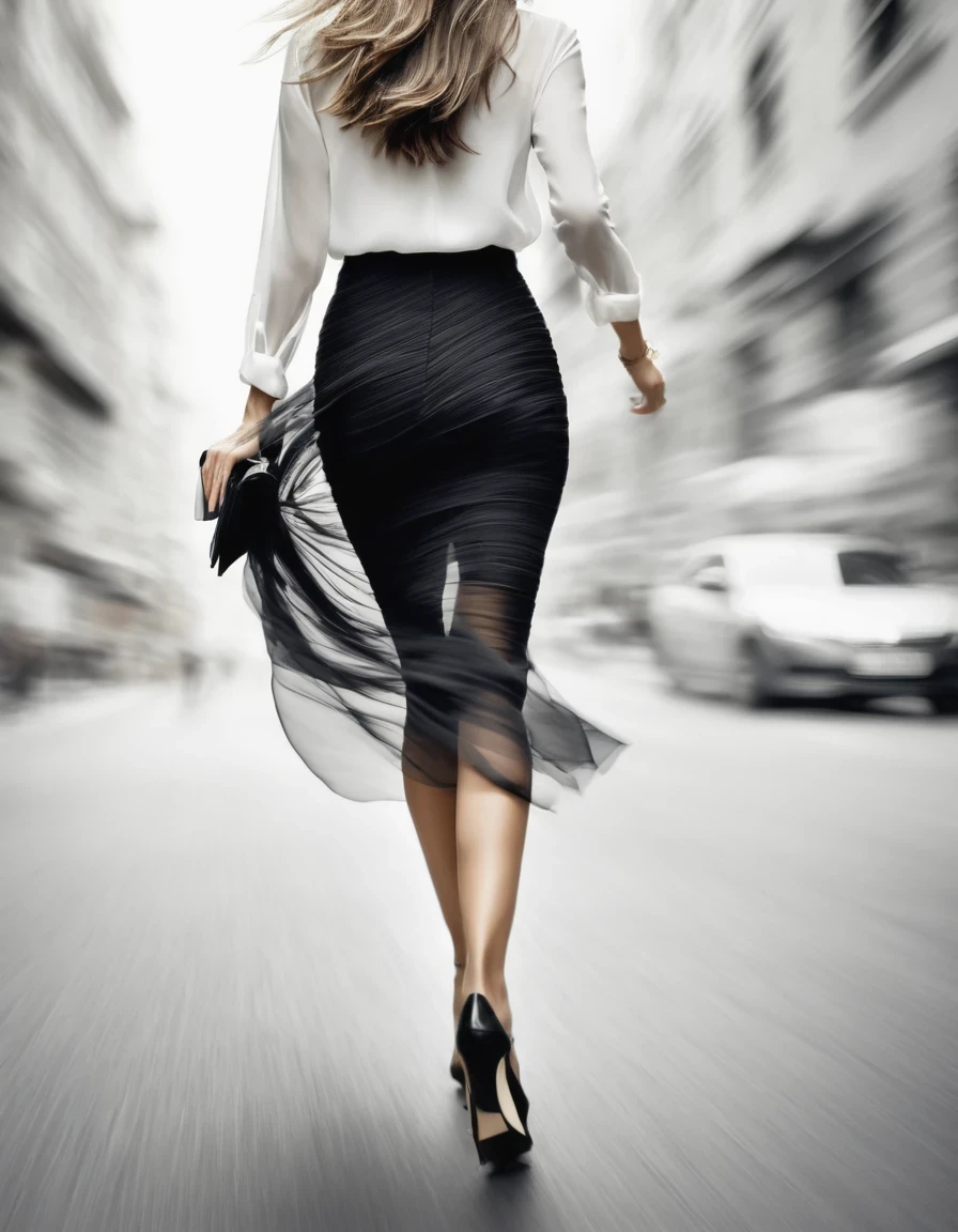 Motion blur, black and white close-up, white background, (back of a woman walking home in a hurry: 1.3),Hips，High-end black gauze skirt， tilt-shift of (focus on legs and high heels)
Professional Fashion Photography, Super Macro, Long wavy hair with unusually rich and super fine textures, Poster style, Minimalist, Nikon, Hasselblad, Canon, Fuji, 16K, Street style, Beautifully detailed,illustration，Combining ink painting and photography，in style of Light painting,